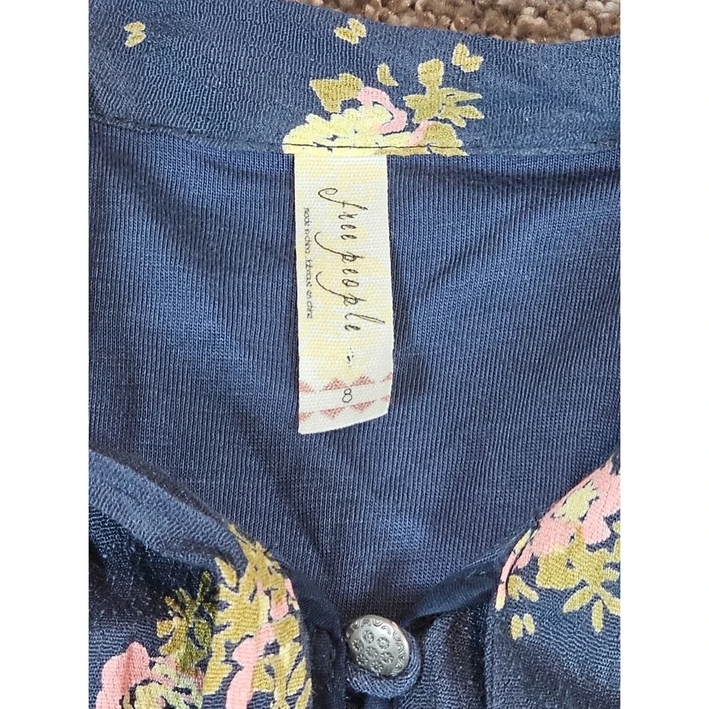 Free People Floral Shoulder Cut Out Mini Dress Navy Blue Long Sleeve Size 8